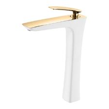 Misturador Monocomando para Lavatrio de Mesa Bica Alta Pure Branco e Dourado