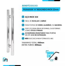 Puxador Ao Inox 304 100cm (1 Metro) (80cm Entre Furos) Tubular Redondo Porta Vidro Madeira Porto
