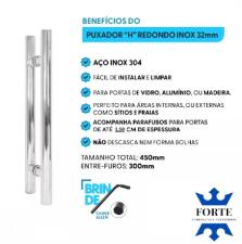 Kit Caixa C/ 4 Puxador Ao Inox 304 45cm (30cm Entre Furos) Tubular Redondo Porta Vidro Madeira Porto