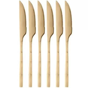 JOGO 06 FACAS INOX CHURRASCO BAMBU ELEGANT DOURADO 22,3CM