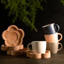 Jogo canecas com pires de madeira Woodart 4 peas azul