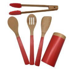 Jogo de utenslios em bambu e silicone Zahav vermelho 5 peas