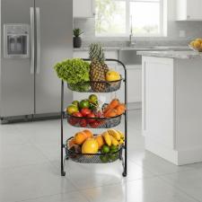 Fruteira organizadora Metaltec 3 cestos em ao preta, design vertical e verstil para cozinha e despensa