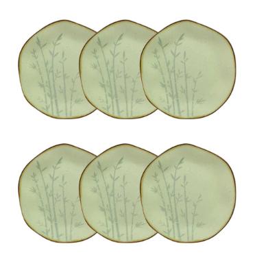 Jogo de 6 Pratos de Sobremesa Oxford Ryo Bambu Marrom e Verde 21,5cm Porcelana