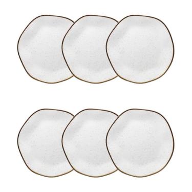 Jogo de 6 Pratos Sobremesa Oxford Ryo Maresia Branco e Marrom 21,5cm Porcelana