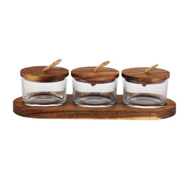 Jogo de 3 petisqueiras com tampa e suporte em madeira L'hermitage Wooden 120ml 4 peas.