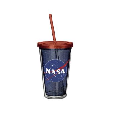 Copo parede dupla com canudo em plstico Nasa Galaxy 500ml.