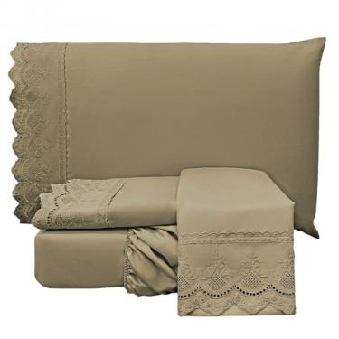 Jogo de Cama Casal Eurotextil Bordado Ingls 2,25mX2,50m Chocolate 4Pcs