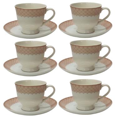 Jogo de Xcara de Ch de Porcelana  Dolce Home Coreana Detalhes Rosa 12 ps