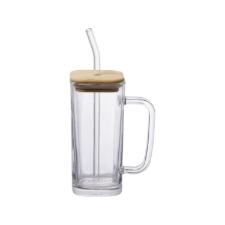 Copo de Vidro com Ala, Canudo e Tampa de Bambu, Hauskrarft 290ml