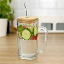 Copo de Vidro com Ala, Canudo e Tampa de Bambu, Hauskrarft 290ml