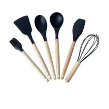 Jogo de Utenslios Silicone com cabo Madeira Preto 7ps