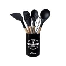 Jogo de Utenslios Silicone com cabo Madeira Preto 7ps