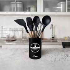 Jogo de Utenslios Silicone com cabo Madeira Preto 7ps