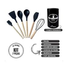 Jogo de Utenslios Silicone com cabo Madeira Preto 7ps