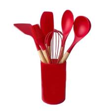 Jogo de Utenslios Silicone com cabo Madeira Vermelho 7ps