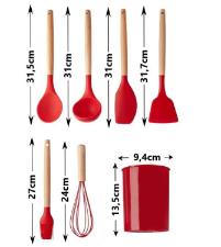 Jogo de Utenslios Silicone com cabo Madeira Vermelho 7ps