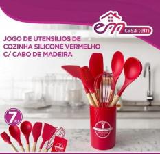 Jogo de Utenslios Silicone com cabo Madeira Vermelho 7ps